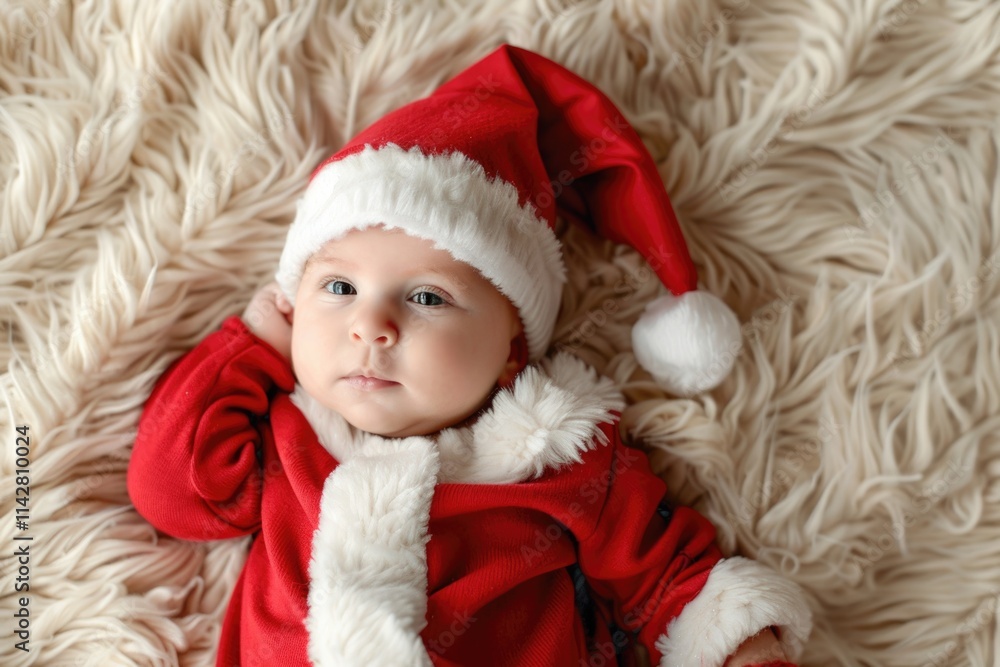 Toddler Christmas. Adorable Caucasian Baby Boy in Santa Costume on Soft Fabric Background Toddler Christmas. Adorable Caucasian Baby Boy in Santa Costume on Soft Fabric Background