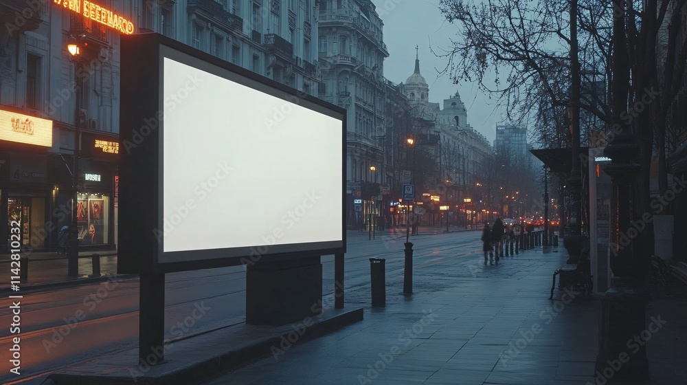 A foggy city street at dusk with a blank billboard, highlighting urban emptiness and solitude. A foggy city street at dusk with a blank billboard, highlighting urban emptiness and solitude.