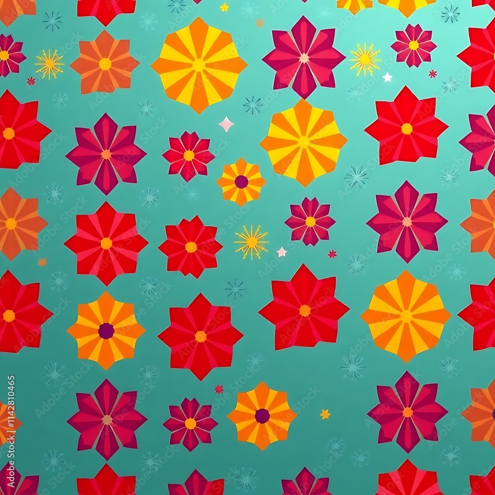 Vibrant Floral Fiesta: Teal Background with Red, Orange, and Yellow Flowers Vibrant Floral Fiesta: Teal Background with Red, Orange, and Yellow Flowers