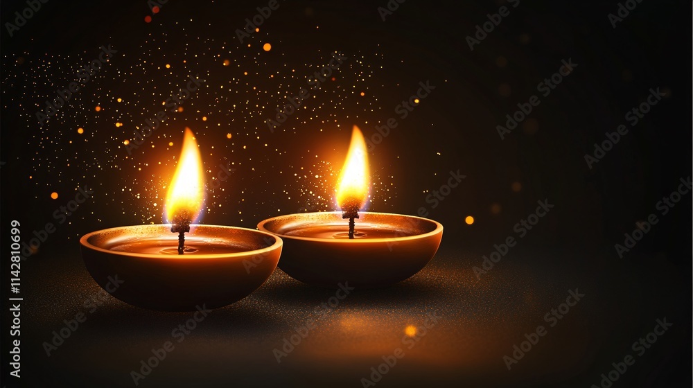 Two glowing candles illuminate a dark space, creating a warm and inviting atmosphere with sparkling particles in the background. Two glowing candles illuminate a dark space, creating a warm and inviting atmosphere with sparkling particles in the background.