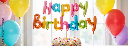 Wallpaper Mural Happy Birthday Text with Colorful Balloons and Birthday Cake in Bright Light Torontodigital.ca