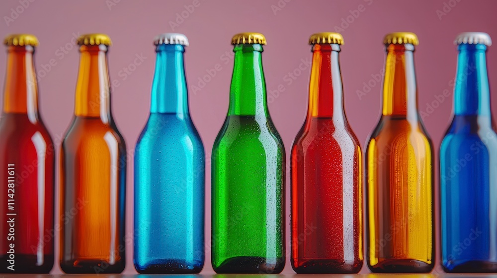 Colorful Glass Bottles Arranged in a Row on Pink Background Colorful Glass Bottles Arranged in a Row on Pink Background