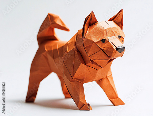 Origami paper dogs in various colors and lifelike postures, intricately crafted with realistic folds, showcasing handmade paper art and creative precision against clean and natural backgrounds. photo