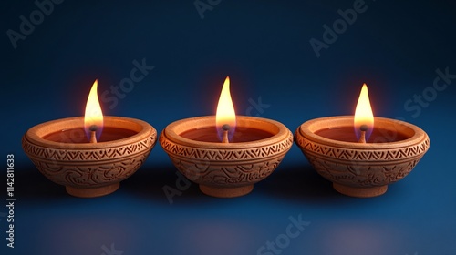 Three intricately designed clay lamps with flickering flames on a blue background. photo