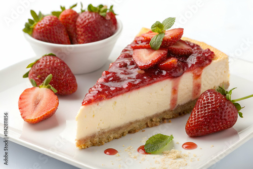 Wallpaper Mural A delicious slice of strawberry cheesecake topped with fresh strawberries, served on a white plate alongside a bowl of whole strawberries. Torontodigital.ca