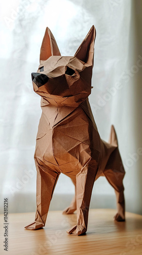 Origami paper dogs in various colors and lifelike postures, intricately crafted with realistic folds, showcasing handmade paper art and creative precision against clean and natural backgrounds. photo