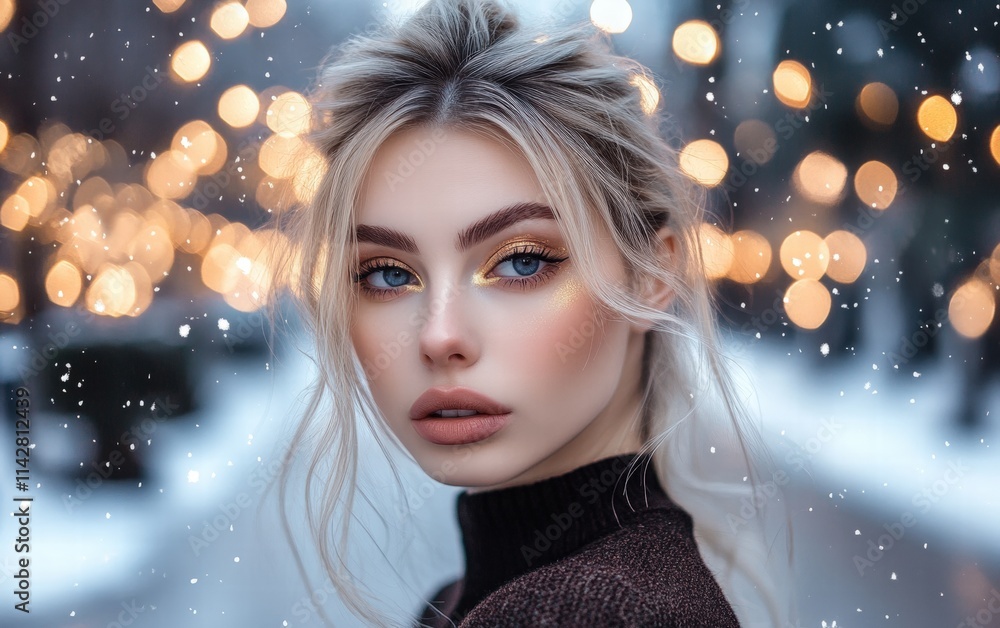A sophisticated woman with subtle golden highlighter, soft lipstick, and classic winged eyeliner, standing on a snowy street lit by fairy lights A sophisticated woman with subtle golden highlighter, soft lipstick, and classic winged eyeliner, standing on a snowy street lit by fairy lights