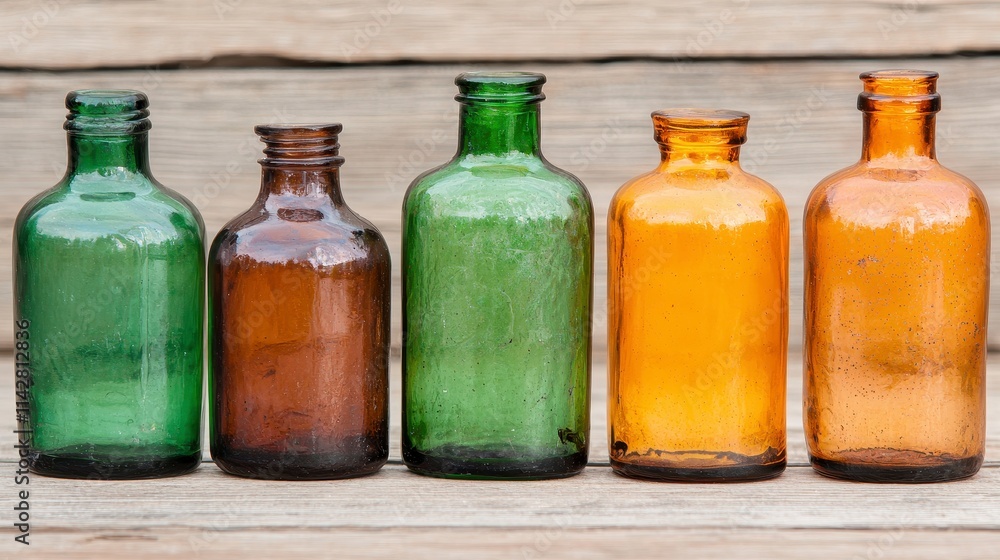 Antique Glass Bottles Collection on Wooden Surface Antique Glass Bottles Collection on Wooden Surface