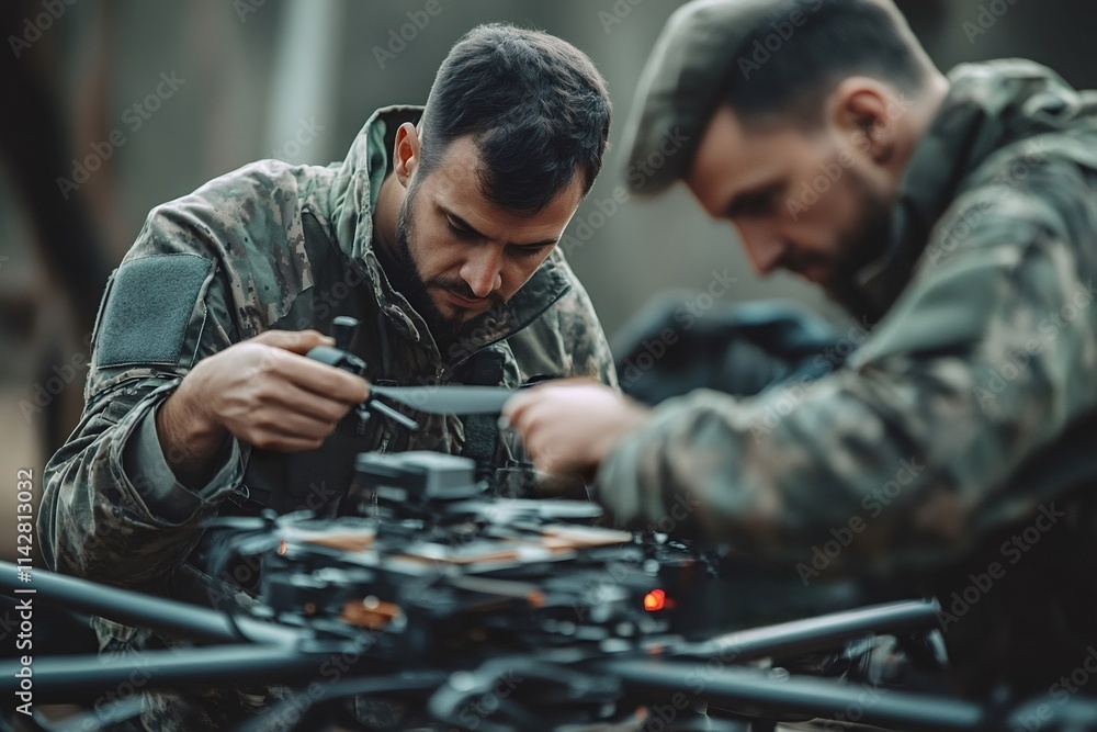 Two soldiers in camouflage uniform are preparing a professional surveillance drone for a flight mission, carefully adjusting its settings in a forest Two soldiers in camouflage uniform are preparing a professional surveillance drone for a flight mission, carefully adjusting its settings in a forest