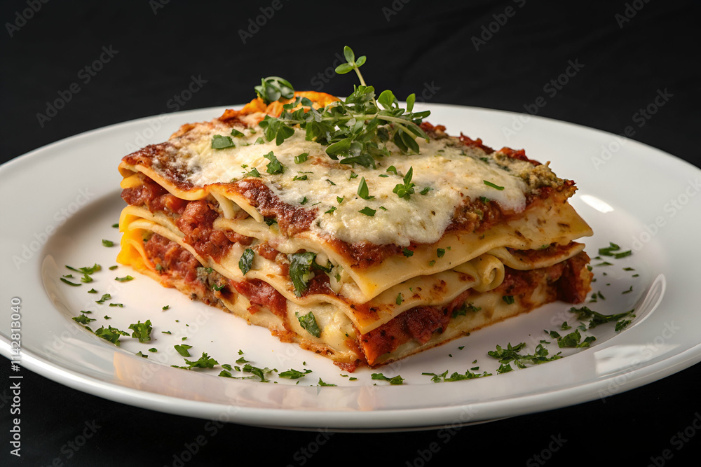A delicious serving of lasagna layered with meat, cheese, and herbs, garnished with fresh parsley on a white plate against a black background. A delicious serving of lasagna layered with meat, cheese, and herbs, garnished with fresh parsley on a white plate against a black background.