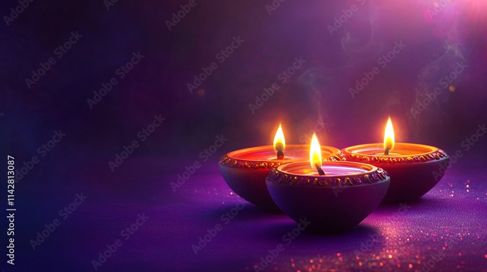 Three beautifully crafted clay oil lamps glow softly against a vibrant purple backdrop, creating a serene and festive atmosphere. Three beautifully crafted clay oil lamps glow softly against a vibrant purple backdrop, creating a serene and festive atmosphere.