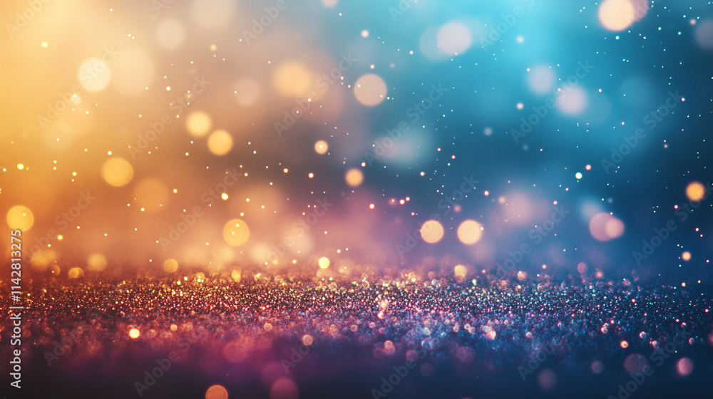 Naklejka premium Colorful background with vibrant bokeh lights and glowing glitters, A mesmerizing and light effect bokeh effect showcases a blurred background, light particles creating a sparkling glitter background.