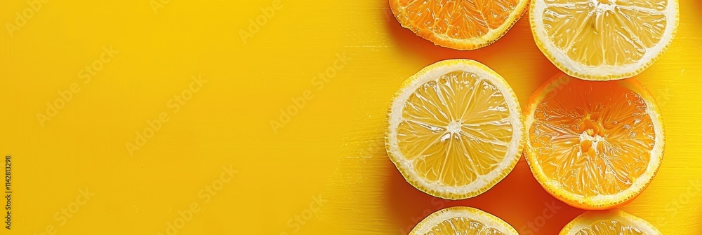 Vitamin Banner. Juicy Citrus and Orange Slices on Vibrant Yellow Background. Fresh Fruit Web-Banner Design with Copy Space Vitamin Banner. Juicy Citrus and Orange Slices on Vibrant Yellow Background. Fresh Fruit Web-Banner Design with Copy Space