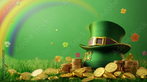 Wallpaper Mural A festive green leprechaun hat surrounded by gold coins, evoking the spirit of St. Patrick's Day with a vibrant rainbow in the background. Torontodigital.ca