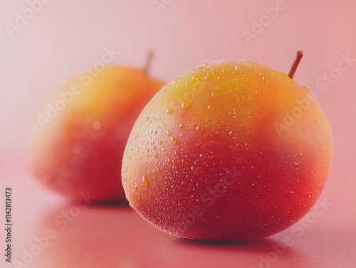 Two ripe mangoes with water droplets on a pink background. photo