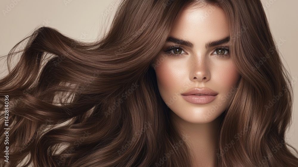 Fototapeta premium Brown hair close-up as a background. Women's long brown hair. Beautifully styled wavy shiny curls. Hair coloring. Hairdressing procedures, extension.