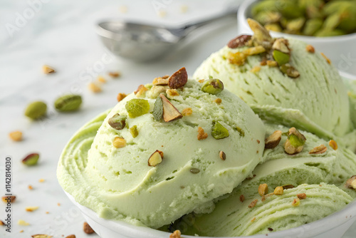 A delicious bowl of pistachio ice cream topped with chopped nuts, showcasing a creamy, green dessert on a marble surface.