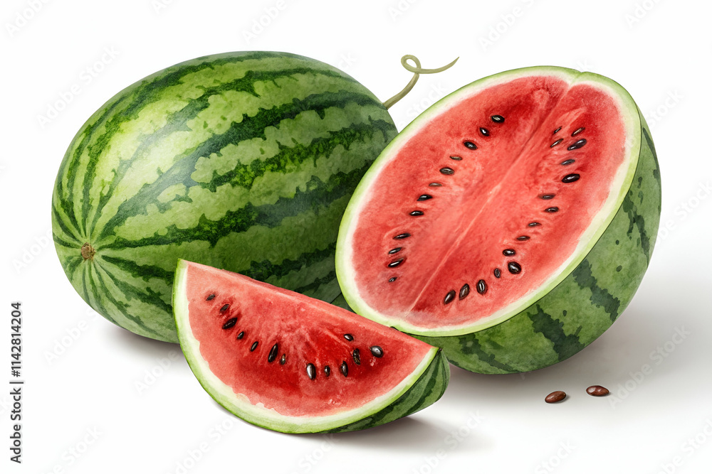 A vibrant watermelon cut open, showcasing its juicy red flesh and seeds, alongside a whole watermelon, symbolizing freshness and summer. A vibrant watermelon cut open, showcasing its juicy red flesh and seeds, alongside a whole watermelon, symbolizing freshness and summer.
