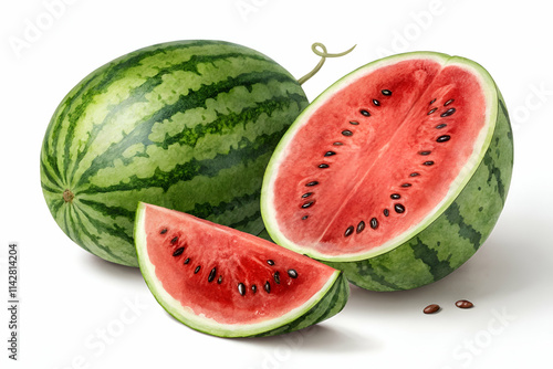 A vibrant watermelon cut open, showcasing its juicy red flesh and seeds, alongside a whole watermelon, symbolizing freshness and summer.