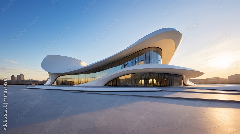 Modern white building with curved glass facade at sunrise. Modern white building with curved glass facade at sunrise.
