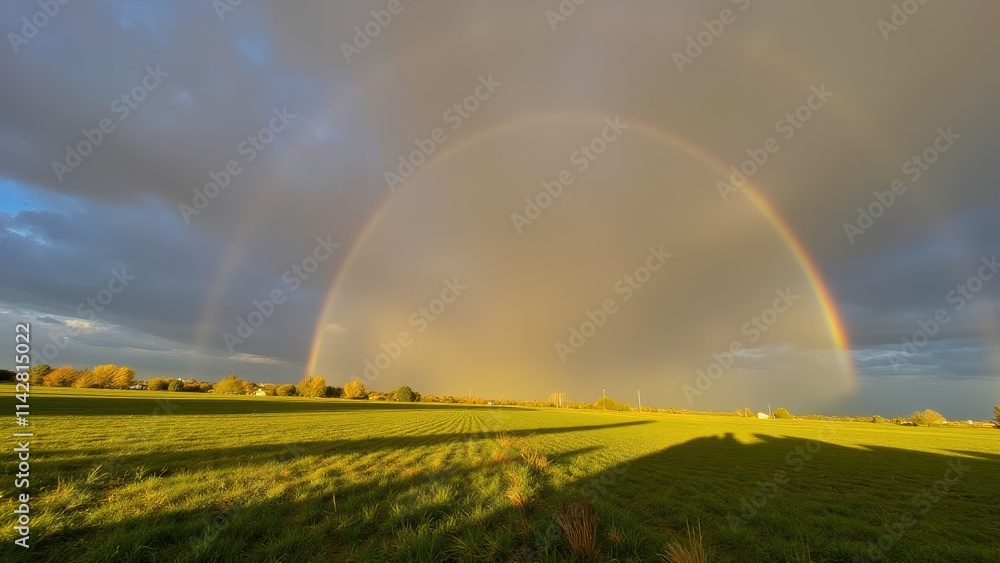 A stormy sky giving way to a bright, sunny afternoon, casting warm light on the drenched earth and creating vibrant rainbows A stormy sky giving way to a bright, sunny afternoon, casting warm light on the drenched earth and creating vibrant rainbows
