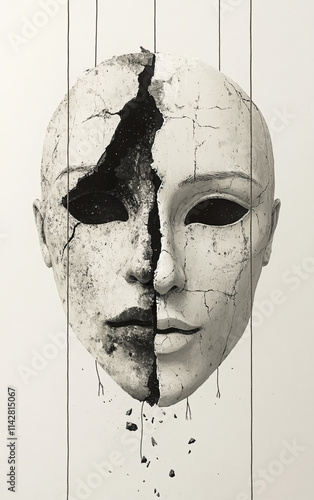 Cracked and weathered mask with abstract streaks and dramatic textures, featuring bold contrasts, shadow effects, and conceptual art design symbolizing mystery, decay, and emotion. photo