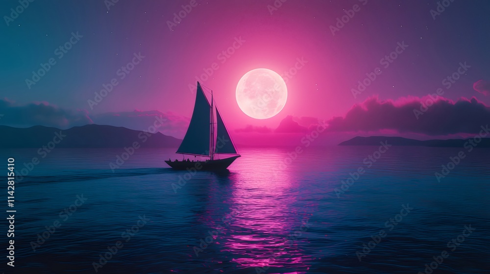 Sailboat at sea under a pink full moon at night. Sailboat at sea under a pink full moon at night.