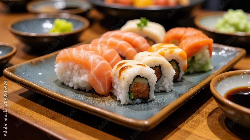 A colorful table with freshly prepared sushi rolls, garnished with wasabi, pickled ginger, and soy sauce in elegant ceramic dishes A colorful table with freshly prepared sushi rolls, garnished with wasabi, pickled ginger, and soy sauce in elegant ceramic dishes