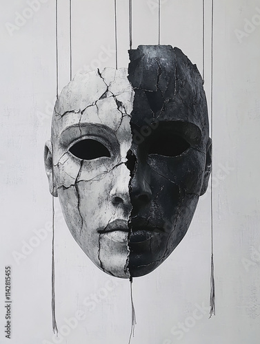 Cracked and weathered mask with abstract streaks and dramatic textures, featuring bold contrasts, shadow effects, and conceptual art design symbolizing mystery, decay, and emotion. photo