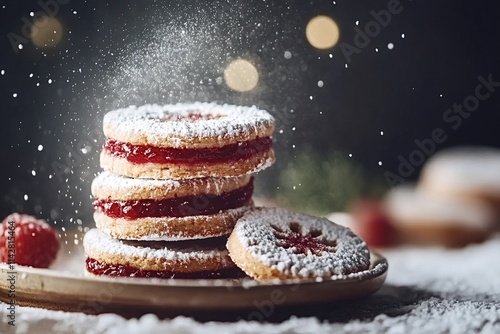 Christmas linzer cookies filled with raspberry jam, stacked on a plate, are being sprinkled with icing sugar, creating a festive and delicious scene with warm bokeh lights in the background photo