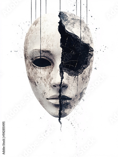 Cracked and weathered mask with abstract streaks and dramatic textures, featuring bold contrasts, shadow effects, and conceptual art design symbolizing mystery, decay, and emotion. photo