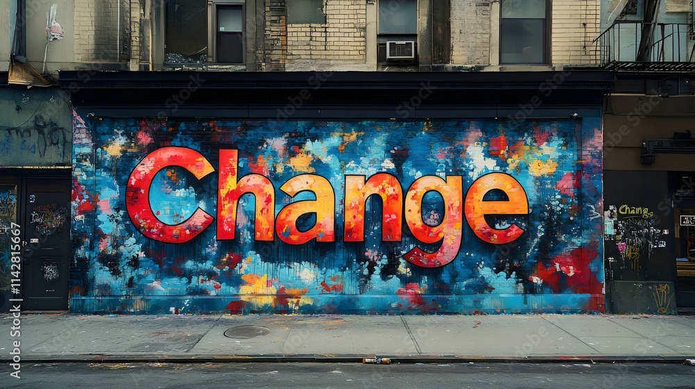 Obraz premium A large mural of the word change is painted on a building