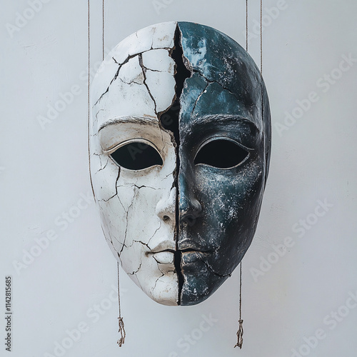 Cracked and weathered mask with abstract streaks and dramatic textures, featuring bold contrasts, shadow effects, and conceptual art design symbolizing mystery, decay, and emotion. photo