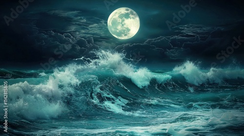 Captivating waves under a full moon in a dramatic night sky with clouds and ocean movements