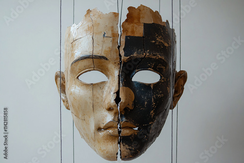 Cracked and weathered mask with abstract streaks and dramatic textures, featuring bold contrasts, shadow effects, and conceptual art design symbolizing mystery, decay, and emotion. photo