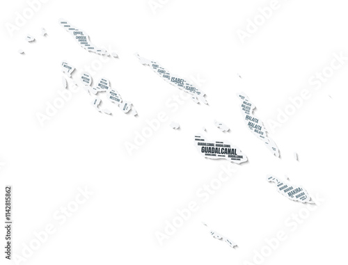 Solomon Islands shape text cloud. Country border with shadow on white background. Solomon Islands with regions division in vintage gazette style. Artistic vector illustration.