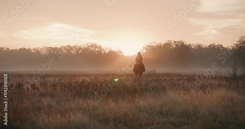 Woman Wearing Cowboy Hat Riding Galloping Horse Off Into the Orange Golden Hour of Sunset In Meadow Surrounded By Trees