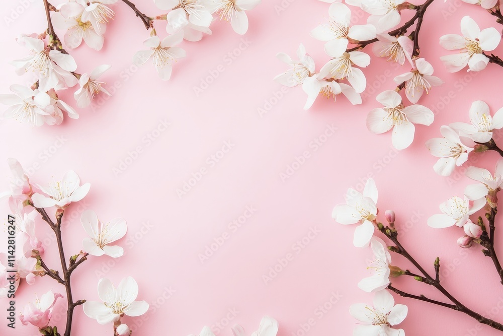 A pink background with white peach blossoms on the right side, creating an elegant and romantic composition. A pink background with white peach blossoms on the right side, creating an elegant and romantic composition.