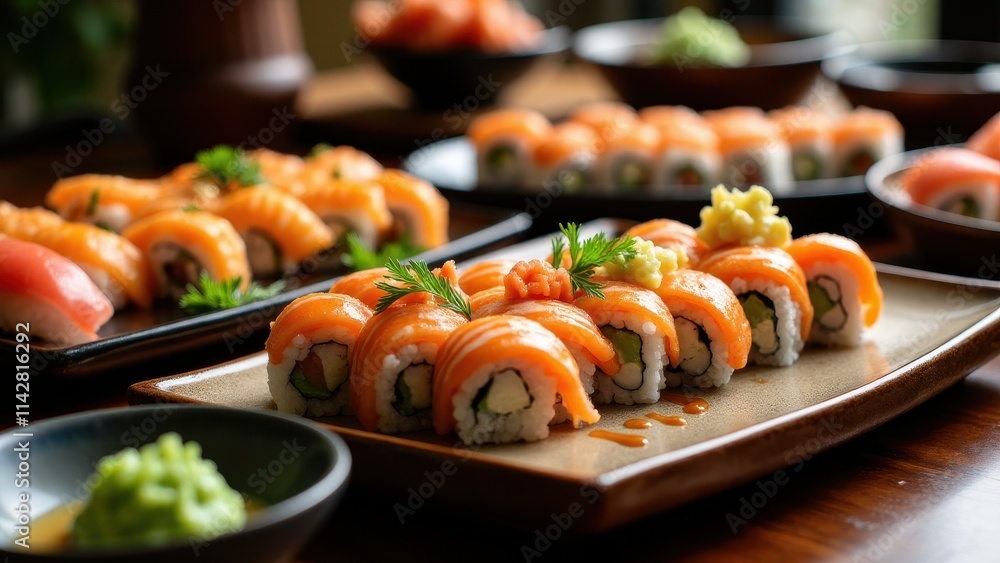 A colorful table with freshly prepared sushi rolls, garnished with wasabi, pickled ginger, and soy sauce in elegant ceramic dishes A colorful table with freshly prepared sushi rolls, garnished with wasabi, pickled ginger, and soy sauce in elegant ceramic dishes