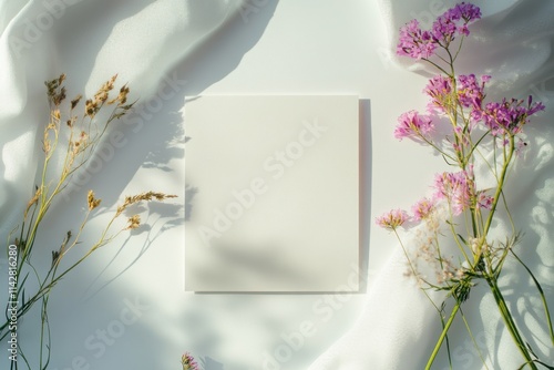 mock up dried flowers with empty postcard in center. Template of greeting square paper card with spring and summer floral branches and light sun shadows on white background, top view.