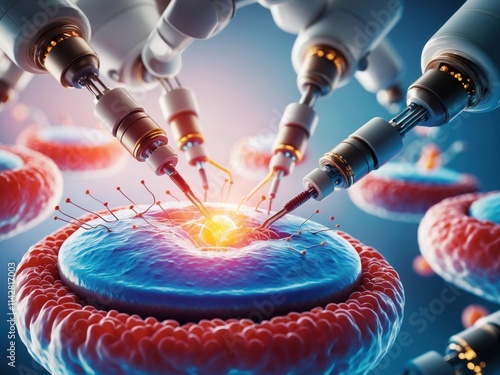 Exploration of nanorobots engaging with cells in a detailed and colorful display of advanced technology in biomedical applications photo