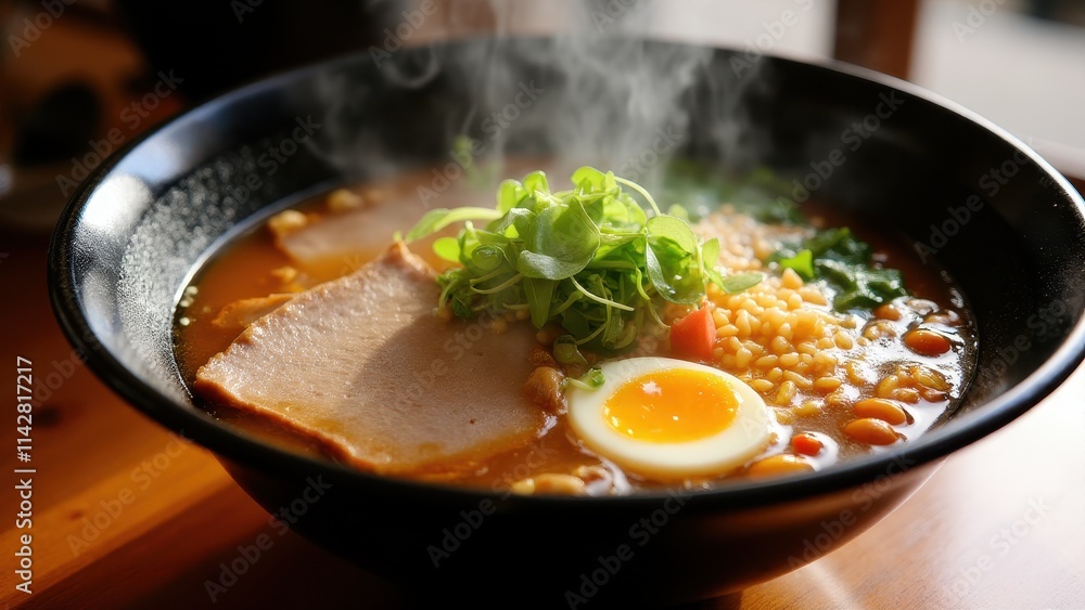 A steaming bowl of authentic Japanese ramen with rich broth, sliced pork, soft-boiled egg, and vibrant toppings in a traditional setting A steaming bowl of authentic Japanese ramen with rich broth, sliced pork, soft-boiled egg, and vibrant toppings in a traditional setting