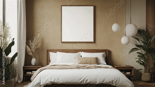 Wallpaper Mural Mockup frame in a cozy bedroom interior background, Mid-century modern style, showcasing retro furniture and textures, Torontodigital.ca