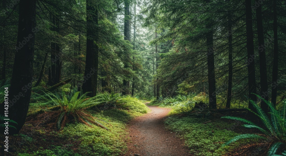 Serene forest path surrounded by lush greenery and tall trees Serene forest path surrounded by lush greenery and tall trees