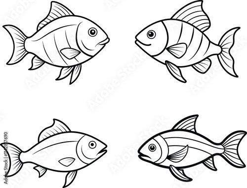 Fishes Line Art Vector Coloring Pages Illustration.