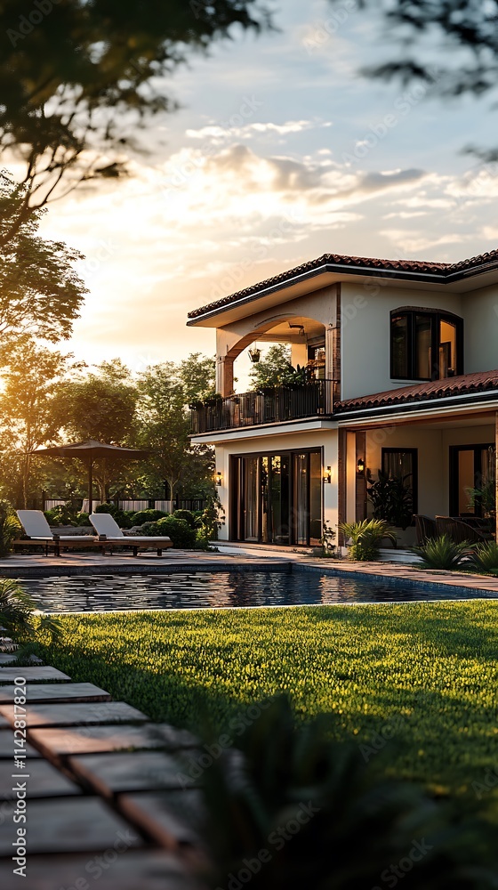 Luxury House Sunset Poolside View Luxury House Sunset Poolside View