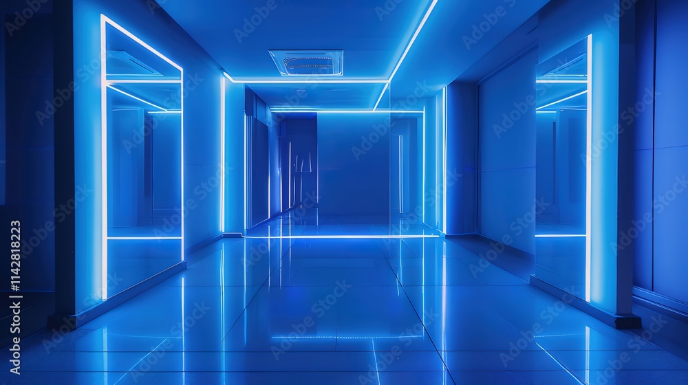 Blue neon lights illuminate a modern hallway with reflective floors and walls. Blue neon lights illuminate a modern hallway with reflective floors and walls.