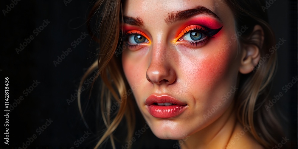 Fototapeta premium Stunning portrait of a young woman with vibrant makeup and expressive eyes on a dark background