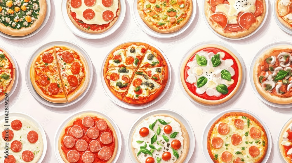 Pizza Paradise: A mouthwatering array of pizzas, each with its unique toppings, arranged in a visually appealing pattern, tempting taste buds and inspiring culinary creativity. Pizza Paradise: A mouthwatering array of pizzas, each with its unique toppings, arranged in a visually appealing pattern, tempting taste buds and inspiring culinary creativity.