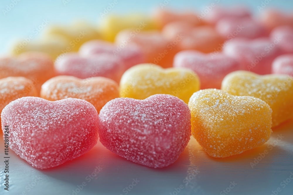 A close-up view of colorful gummy hearts, perfect for Valentine's Day or romantic celebrations A close-up view of colorful gummy hearts, perfect for Valentine's Day or romantic celebrations